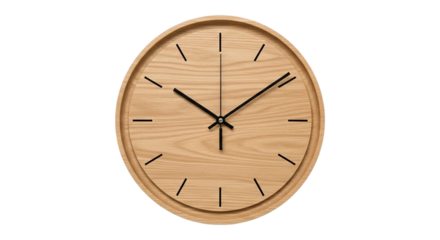 Minimalist wooden wall clock isolated on transparent background, showing the time at ten minutes past ten oclock precisely