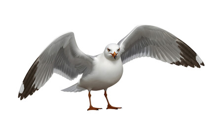 Obraz premium A close-up photograph of a seagull with its wings spread wide, isolated on white.