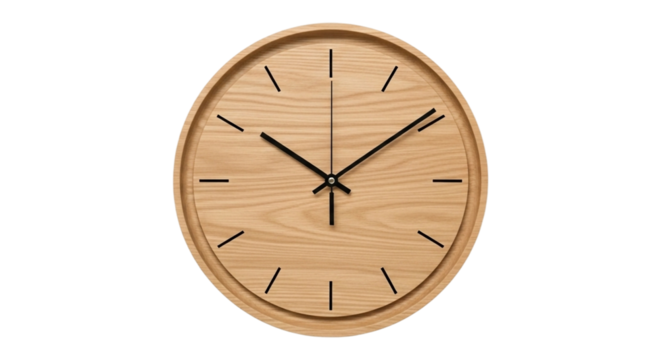 Minimalist wooden wall clock isolated on transparent background, showing the time at ten minutes past ten oclock precisely