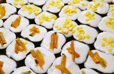 Khanom Tako, Delicious Thai Traditional Two Layered Pudding Made of Coconut Milk and Tapioca with Toppings