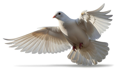 Obraz premium A beautiful white dove with wings spread wide, captured in mid-flight against a bright, clean white background, symbolizing peace and freedom.