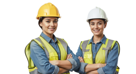 Women in safety gear pose confidently for a portrait in a construction environment with hard hats and reflective vests