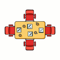 A modern top-down illustration of a meeting table with four red chairs, neatly arranged for a productive business discussion or collaborative session.
