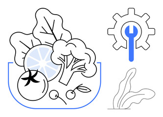 Bowl with tomato, broccoli, lemon, leafy greens, gear with wrench, and plant sprout. Ideal for nutrition, health, agriculture eco-friendly living wellness engineering and system improvement