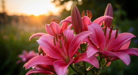 Fototapeta premium Close-up of vibrant pink lilies blooming in a garden during sunset, showcasing delicate petals.