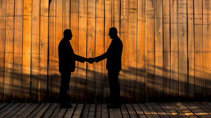 Silhouettes of two men, shaking their hands as a sign of an agreement or deal. The meeting takes place on wooden boards during the warn sunset as the shadows are very long
