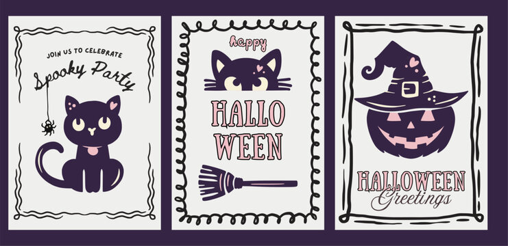 Retro Halloween Poster Flyer Set Whimsical Doodle Coquette Cute Card Vector With Cat Witch Hat Broom Pumpkin