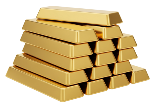 Pyramid of shiny gold bars isolated on transparent background representing wealth, investment, and financial security and prosperity