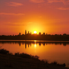 Naklejka premium Illustration of stunning sunset over a city skyline reflected in calm water with vibrant orange sky