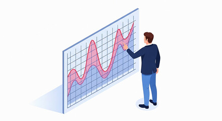 Man in suit analyzing a line graph with red and blue areas on a grid against a white background
