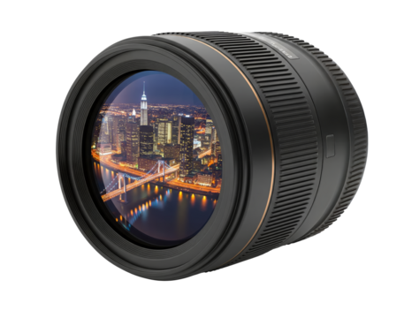 Camera Lens Reflecting Cityscape at Night PNG cutout transparent background isolate