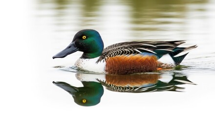 Obraz premium Northern shoveler duck swimming in calm water with reflection