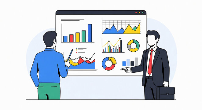 Two men presenting financial data with charts and graphs on a screen with a briefcase nearby