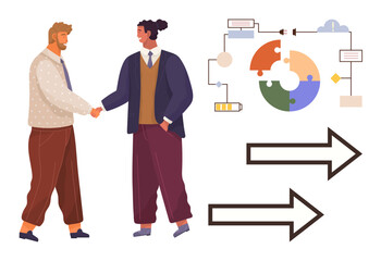 Two people shaking hands in agreement, workflow diagram with chart and battery, and two arrows. Ideal for teamwork, collaboration, partnership, process, strategy, agreement progress simple flat