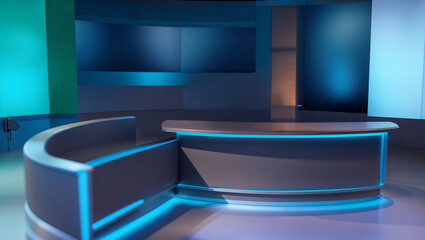 Virtual tv studio set is broadcasting breaking news with blue lighting