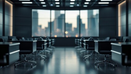 Modern office interior showing city skyline through large windows