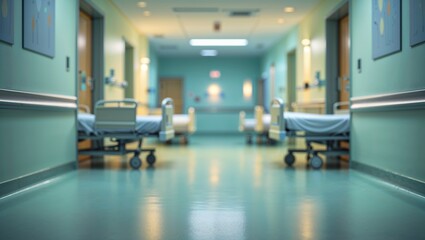 Empty hospital beds waiting in a deserted hospital corridor