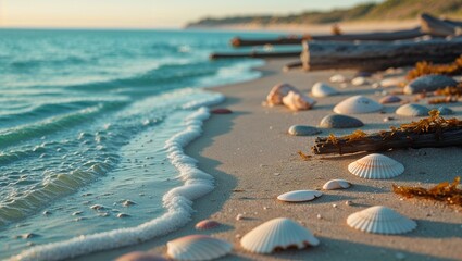Seashells and driftwood resting on sandy beach at sunset