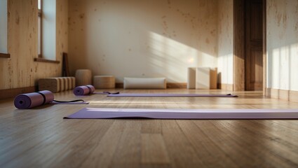 Yoga mats laying on hardwood floor in sunlit studio ready for class