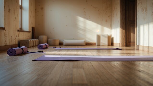 Yoga mats laying on hardwood floor in sunlit studio ready for class
