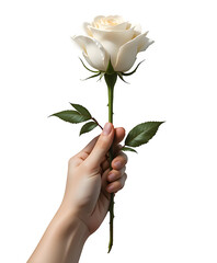 Hand holding white rose on transparent background