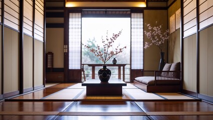 Traditional japanese room with tatami mats and cherry blossoms displaying minimalist design