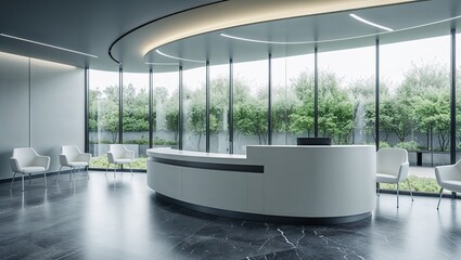 Modern office reception area with curved desk and lush green view