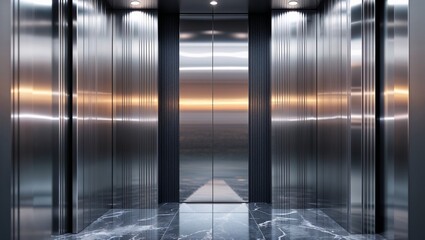 Modern elevator opening to ocean view at sunset in luxury building