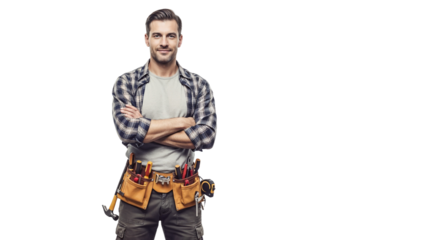 Skilled worker stands confidently with tools ready for the job in a well-equipped workspace