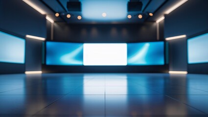 Modern multimedia room with glowing screens and empty space