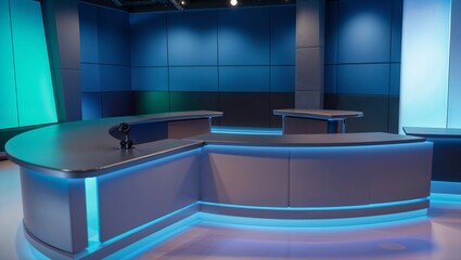 Futuristic empty tv studio set with blue and green lighting