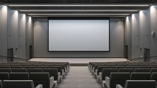 Empty lecture hall with a large projector screen and modern seating arrangement