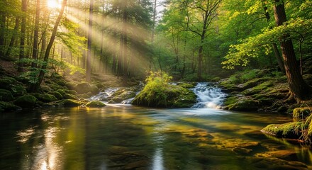 Sunlight streams through a lush forest, illuminating a flowing river with vibrant green foliage.