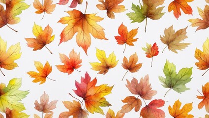 Watercolor seamless pattern showing colorful autumn leaves falling on white background