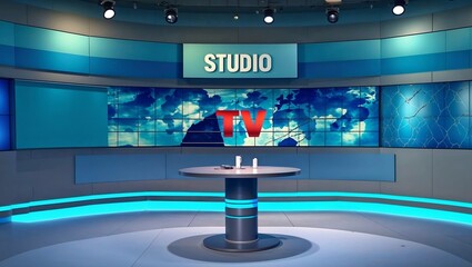 Modern tv studio set is broadcasting breaking news with world map on screen