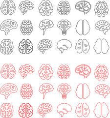 brain, human brain, anatomy, science, medical, illustration, outline, drawing, black, red, white background, collection, set, icons, symbols, mind, thinking, intelligence, knowledge, neurology, biolog