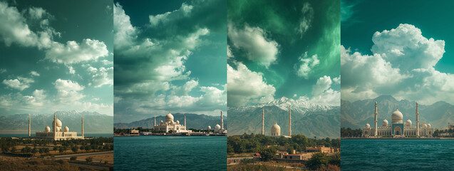 Sheikh zayed mosque reflecting islamic architecture under dramatic cloudscape