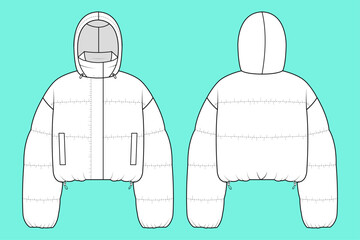 Women's Long Sleeve Quilting Puffer Crop Hoodie Jacket Fashion Flat Sketch CAD Mockup Template. © MdAmirul