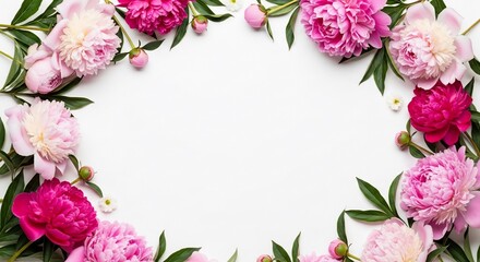 Beautiful pink and white peonies arranged in a decorative oval frame on a white background.