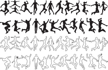 range, showcases, white, graphic, illustration, sections:, suggesting, group, offering, figures, male, outlines., well, diverse, celebration, vector, energetic, main, mid-air., sport, dance, female, p