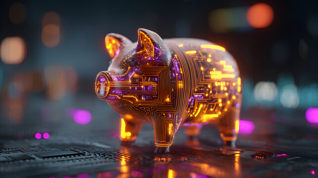 Glowing piggy bank symbolizing online savings and financial technology