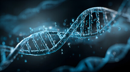 Dna structure rotating with floating letters and numbers representing genetic code