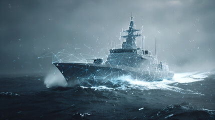 Warship covered by digital network navigating stormy waters
