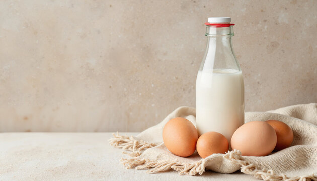 Fresh milk bottle beside brown eggs on textured linen cloth, copy space - Powered by Adobe