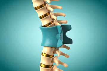 3D rendering of a human spine with scoliosis showing abnormal curvature and vertebrae structure