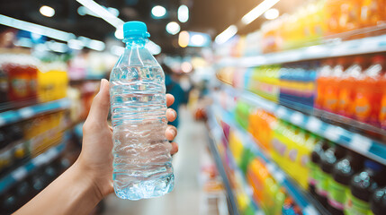 Customer choosing bottled water in supermarket drinks aisle