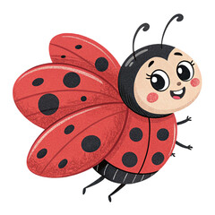 Obraz premium Cute cartoon ladybug with red wings on transparent background for children’s illustrations, spring posters, garden branding and educational materials
