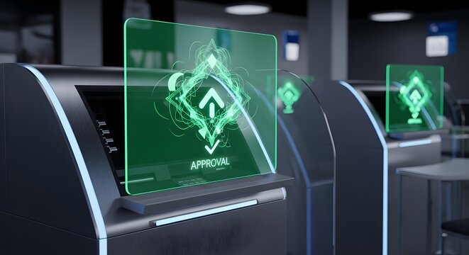 Futuristic Self-Service Kiosk with Holographic Green Approval Display. Modern Digital Authorization Technology.