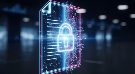 Digital Document Security with Glowing Padlock Icon, Representing Data Protection and Cybersecurity