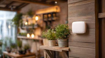Fototapeta premium Smart home control hub installed on wooden wall in cozy cafe
